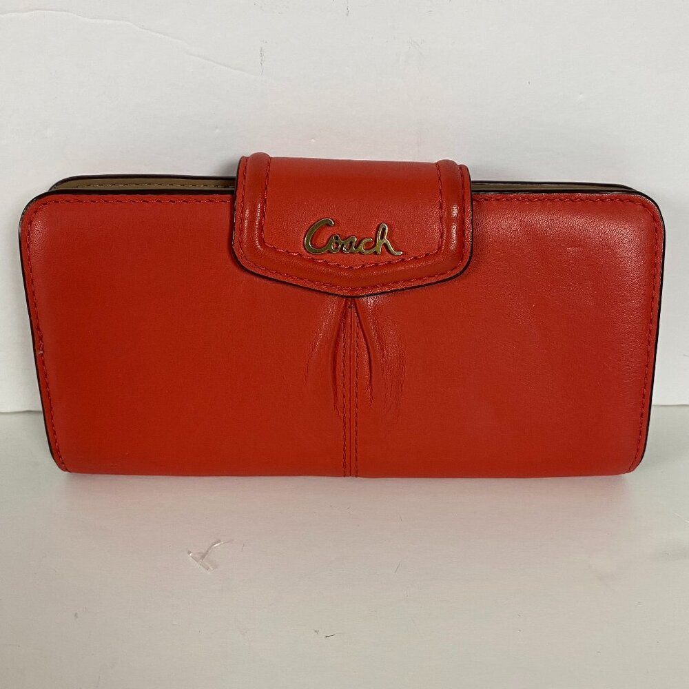 Coach Ashley Leather Wallet Clutch Folding Envelope Flip Pleated Salmon